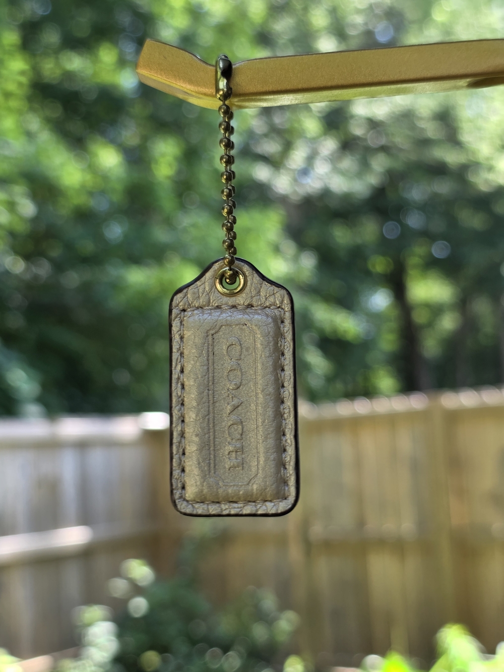 Coach Metallic Beige Leather Hangtag with Brass Ball Chain